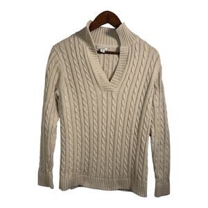 L.L. Bean Womens M Cable Knit Fisherman Sweater Cream V Neck Cotton